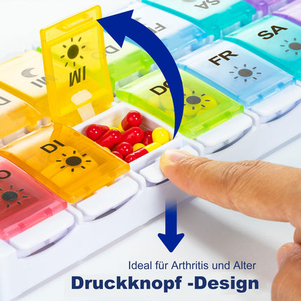 Pill box 7 days, pill box 14 days 2 compartments, morning evening medication box 14 compartments with push button design, tablet organizer for fish oil, dietary supplements