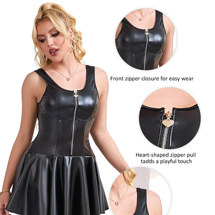 sunshinelady women's leather dress wetlook short PU leather mini dress with ruffles sexy dress women's lingerie with zipper party dress clubwear curvy lingerie wide straps plus sizes black 2XL