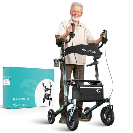 Helavo Outdoor Arthritis Rollator with Padded Forearm Supports - Stand-Up Walker with Puncture-Proof Solid Rubber Tires for Outdoor Use - Maximum Mobility &amp; Comfort Outdoors