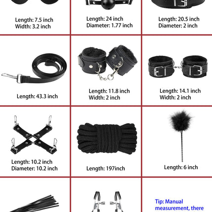 BDSM set with 10 pieces, SM bed sets, bondage set feather whip and eye mask, restraints handcuffs ankle cuffs feathers nipple clamps fetish sex toy bondage set for attachment to the bed for couples