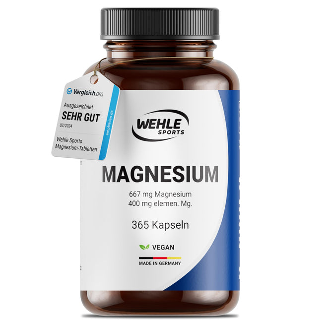 Magnesium 400mg Capsules High Dose - 365 Capsules (1 Year) 667mg per capsule, of which 400mg elemental magnesium | Laboratory tested Vegan - Wehle Sports