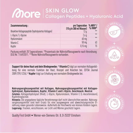 MORE Glow - Collagen Peptides and Hyaluronic Acid, Premium Collagen and Hyaluronic Acid Powder with Copper, Vitamin C and L-Glycine, 300 g Can, Supports Fresh Skin and Connective Tissue, Neutral, Made in Germany