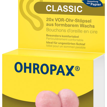 OHROPAX Classic earplugs – in-ear earplugs for protection against noise, moisture, and wind – made of moldable, supple wax – comfortable and suitable for all ears – sound insulation value SNR 21 dB – 20 pieces