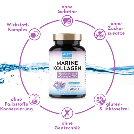 Premium Marine Collagen Combo 1000mg + Q10, hyaluronic acid, copper, manganese, vitamins C, zinc, and biotin contribute to the maintenance of normal skin and hair; Made in Austria by VROODY - test result: VERY GOOD!