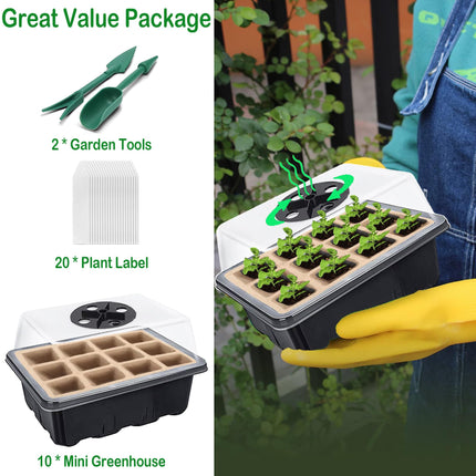 YeahBoom 10 Pack Indoor Greenhouse Propagator, 120 Hole Mini Greenhouse Propagator for Growing, Degradable Grow Pots, with 20 Plant Labels and 2 Gardening Tools, for Growing Seedlings