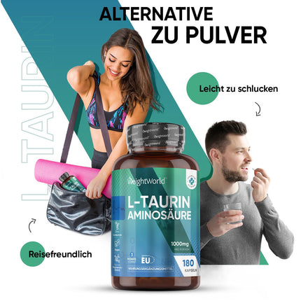 L-Taurine Capsules - 1000mg per day - 180 vegan amino acid capsules - 2 L-Taurine Amino Acid Capsules - 3-month supply - Alternative to powder or tablets - WeightWorld