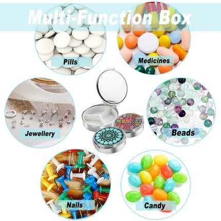 4 Pack Small Pill Box with Mirror, Travel Pill Dispenser, 3 Compartment Medicine Box, Round Metal Pill Box, for Purse, for Storage (Pattern-3 Compartment-Clip)