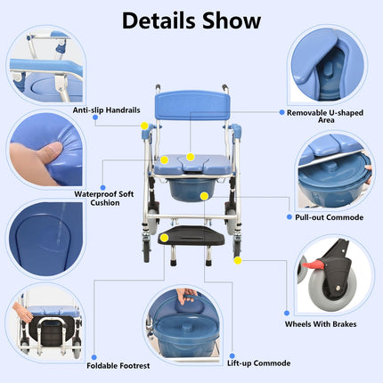Toilet chair for seniors with wheels, multifunctional shower chair with wheels, foldable, blue shower toilet chair mobile with urine bucket, toilet wheelchair for the elderly and disabled comfort