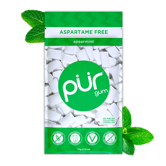 Pur Gum | Sugar-Free Chewing Gum | 100% Xylitol | Vegan, Aspartame-Free, Gluten-Free &amp; Diabetic-Friendly | Natural Spearmint Flavored Chewing Gum, 55 Pieces (1 Pack)