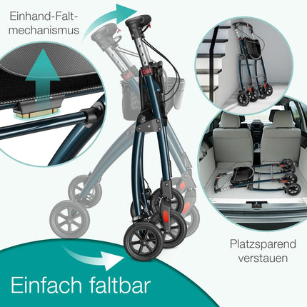 ELONEO Rollator for Homes, 54cm Wide, Foldable and Lightweight, Including Tray &amp; Fabric Basket, Narrow Rollator for Homes, Indoor Rollator, Foldable, Aluminum, Mobility for Home, Anthracite