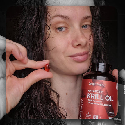 Antarctic Krill Oil Softgels - 1200mg per serving - Provides Omega 3, DHA, EPA, Astaxanthin, Choline &amp; Marine Phospholipids - 180 Softgels for 3 Months - Gluten-Free, Lactose-Free - WeightWorld