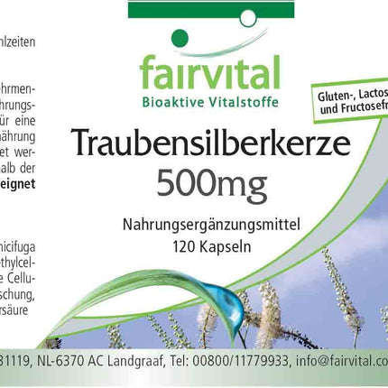Fairvital | Black Cohosh Capsules 5000mg - 120 Capsules - HIGH DOSE with 500mg Black Cohosh Extract 10:1 per capsule - VEGAN - Cimicifuga Racemosa