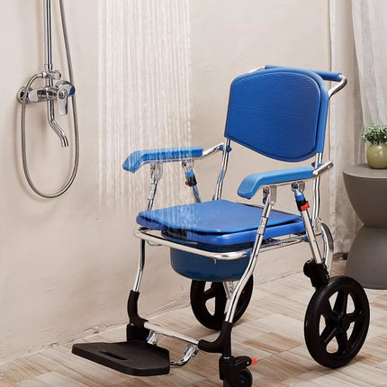 Commode Chair for Seniors with Wheels, Shower Chair with Wheels, Foldable, Shower Toilet with Armrests and Foldable Footrest for Seniors, Disabled People, Pregnant Women, Load 150 kg (Big Blue)