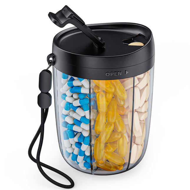 AUVON Pill Box 7 Days Morning Noon Evening, Round Pill Box 6 Compartments with Large Separate Compartments, Portable Medicine Box for Vitamins, Fish Oil, Medications, Supplements, etc.