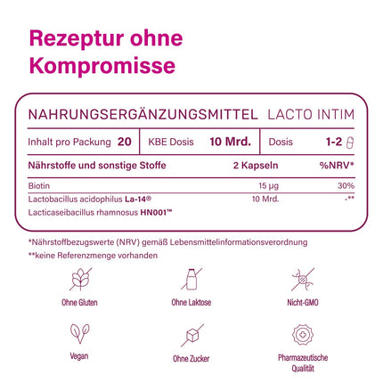 Nupure® Lacto Intim lactic acid bacteria for the vagina, to regulate vaginal bacteria, plus biotin for the mucous membranes, oral intake, vaginal probiotics, 20 capsules, vegan, lactose-free.