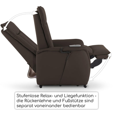 Raburg TV chair with stand-up aid, recliner chair with reclining function, electric with remote control, 2 motors, pocket spring core/comfort upholstery, up to 120 kg, leather/faux leather, Marie, dark brown