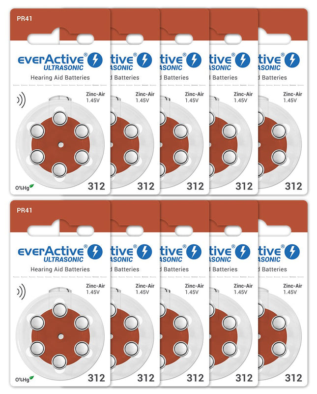 everActive 312, 60 pieces, hearing aid batteries, high performance, zinc-air batteries, 10 blister cards, 4-year shelf life, brown, Ultrasonic PR41