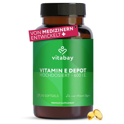 Vitabay Vitamin E 600 IU Depot High Dose - 200 Vitamin E Capsules Vegan &amp; Laboratory Tested with Tocopherol and Tocotrienol - Vit E contributes to the protection of cells from oxidative stress