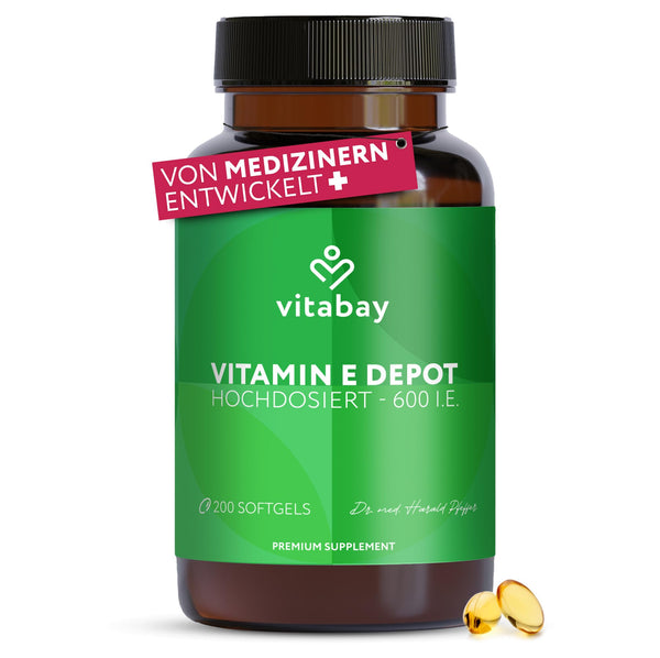 Vitabay Vitamin E 600 IU Depot High Dose - 200 Vitamin E Capsules Vegan &amp; Laboratory Tested with Tocopherol and Tocotrienol - Vit E contributes to the protection of cells from oxidative stress