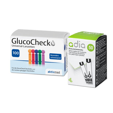 Diabetic value pack: adia 50 blood glucose test strips + 100 blood lancets (universal lancets) for blood glucose measurement with the adia blood glucose meter