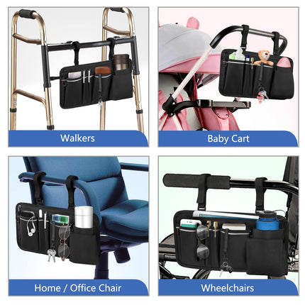 FINPAC Wheelchair Bag for Armrest - Wheelchair Bag with Bottle Holder and Reflective Stripes Wheelchair Bag for Walkers, Mobility Scooters, Rollators, (Black)