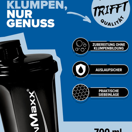 IronMaxx Protein Shaker - Night Black 700ml | Protein shaker with screw cap, sieve &amp; measuring scale | Leak-proof, dishwasher-safe &amp; free from the plasticizer BPA &amp; DEHP