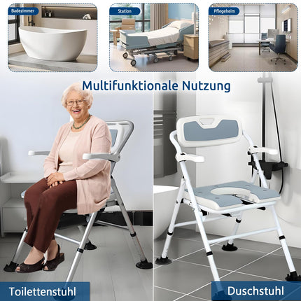 CYHWQ Folding Toilet Chair with Padded Seat and Toilet Bucket, Height Adjustable Toilet Chair for Seniors, Shower Chair Foldable Toilet Chair with Armrest and Backrest
