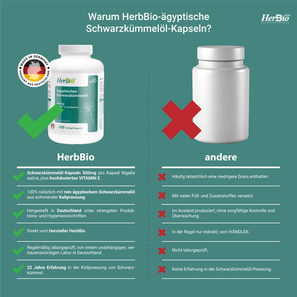HerbBio Egyptian Black Seed Oil Capsules 500mg 420 Softgel Capsules - of which 57% linoleic acid - Premium cold-pressed - 100% bovine gelatin Halal Certified - laboratory tested - Black seed oil capsules