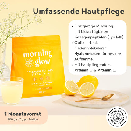 Collagen Powder + Hyaluronic Acid + Vitamin C [400g] | Collagen Hydrolysate | Peptides Types 1, 2 &amp; 3 | with Vitamins C, E &amp; Caffeine from Guarana | Citrus Flavor | Made in Germany | Alpha Foods