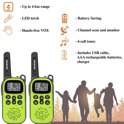 DC DECROSS Walkie Talkies for Kids and Adults, Set of 2 Walkie Talkies up to 4 km, PMR446 16 Channels, VOX, Flashlight, Gift for Boys and Girls Ages 4, 5, 6, 7, 8, Hiking, Camping (Green + Battery)