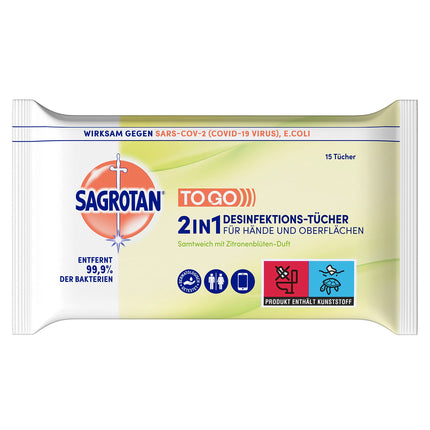Sagrotan 2-in-1 Disinfectant Wipes with Lemon Blossom Scent – ​​For disinfecting hands and surfaces – 15 wipes