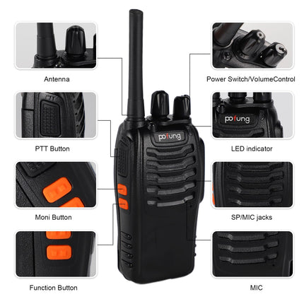 pofung Walkie Talkie Professional Radios PMR446 baofeng Talkies 88E/888S Handheld Toy Radio, Walkie Talkie with LED Flashlight &amp; Headset USB Connection (2 pieces), 94*45*30mm, black