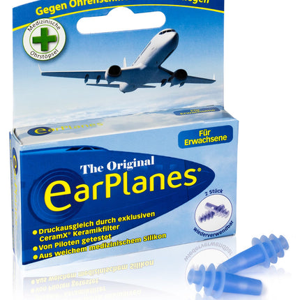 EarPlanes Adults – Earplugs for pressure equalization in airplanes, helps avoid pressure and ear pain while flying, 2 pieces