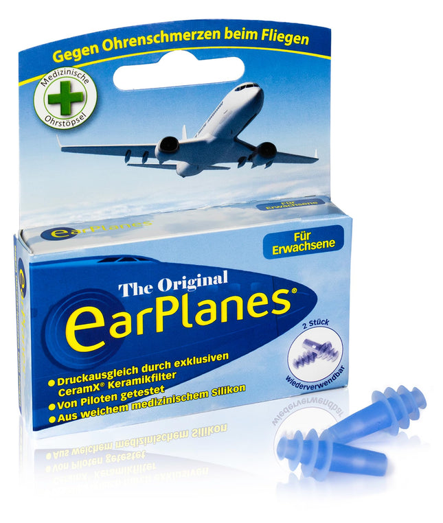 EarPlanes Adults – Earplugs for pressure equalization in airplanes, helps avoid pressure and ear pain while flying, 2 pieces