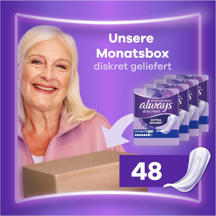 Always Discreet Incontinence Pads Ultimate Day Monthly Pack for Bladder Weakness, 48 ​​Pads (4 Packs x 12)