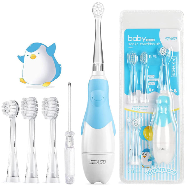 SEAGO SG-513 Electric Toothbrush for Children, Baby Toothbrush, Electric Toothbrush for Ages 0-3 Years with LED Light, Smart Timer, Waterproof IPX7 Sonic Toothbrush (Baby Blue)