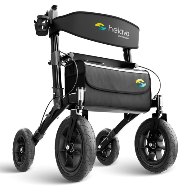 Helavo Rollator with pneumatic tires for outdoors - Rollator foldable and lightweight with seat, aluminum outdoor walker - Rollator lightweight foldable for outdoors