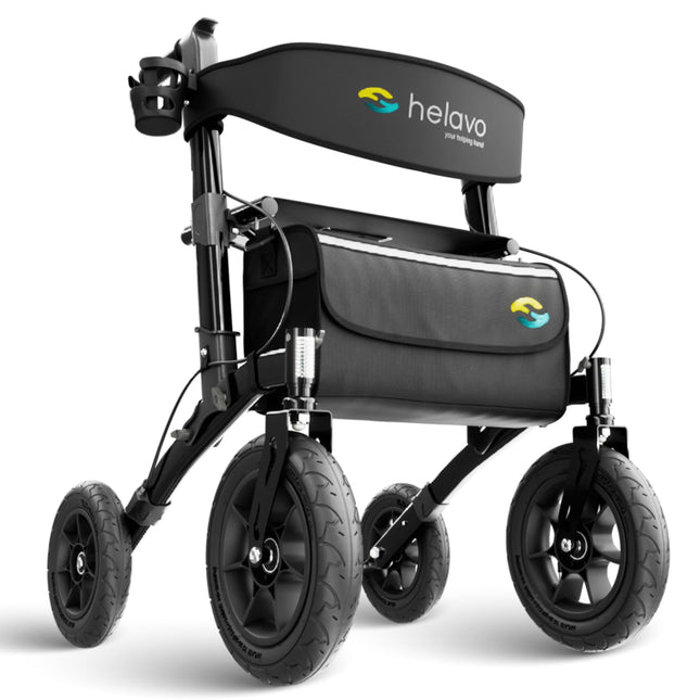 Helavo Rollator with pneumatic tires for outdoors - Rollator foldable and lightweight with seat, aluminum outdoor walker - Rollator lightweight foldable for outdoors