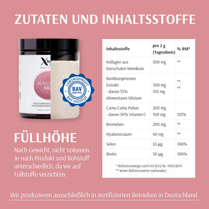 XbyX Collagen Kick 90 g | 45 servings | Vegetarian premium collagen powder from eggshell membrane for skin, hair, bones, muscles, nails, and joints | Type 1, 5, and 10 collagen | From Germany