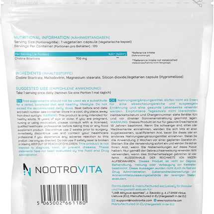 High Dose Choline - 700mg per Capsule - 120 Choline Capsules | 4 Months! | For Liver Function, Memory, Brain, and Concentration | Vegan, Gluten-Free | Nootrovita