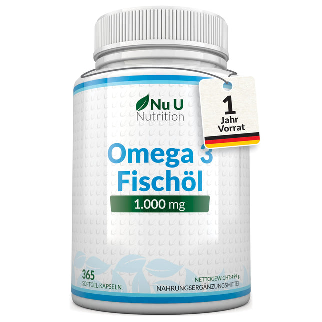 Omega 3 Fish Oil 1000mg - 365 Capsules High Dose - 900mg EPA &amp; DHA per dose in triglyceride form - Pure Fish Oil from Sustainable Fishing - Essential Omega 3 Fatty Acids - Nu U Nutrition