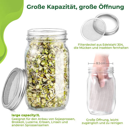 ecooe Sprouting Jar 1000ml, 2-pack Sprouting Jar Glass, sprouting jars for sprouts with 2 filter grid covers made of 304 stainless steel, 1 stand and 1 water bowl