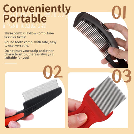 Stainless steel lice comb set, 3 pieces, lice comb, dandruff comb, 3 styles, lice comb for children, reduces itching, for children, adults and pets to remove lice and dandruff