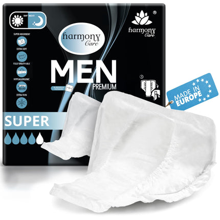 Harmony Care® Men SUPER absorbent incontinence pads for men with mild to moderate bladder weakness - discreet pads for men with incontinence - 20 pieces