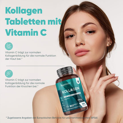 Collagen Tablets with Vitamin C - 1800mg Collagen Hydrolysate per Serving - Collagen Peptides Types 1 &amp; 3 - 180 Tablets - 2 Month Supply - WeightWorld