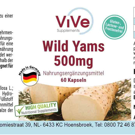Wild Yam Extract 500 mg - 60 Capsules Wild Yam with 20% Diosgenin - High Dose and Vegan - Dioscorea villosa | Quality from Germany by ViVe Supplements