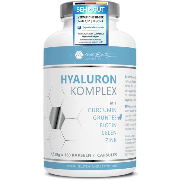 180 Hyaluronic Acid Capsules with high dosage of zinc - 600mg hyaluronic acid with curcumin and green tea extract - Vegan hyaluronic acid capsules with biotin, selenium without additives, produced in Germany and laboratory tested