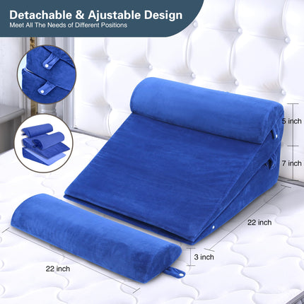 WDBBYL Bed Wedge Pillow Set, 4-Piece Sleeping Elevator Support for Post Surgery Recovery, Acid Reflux, GERD, Snoring, Washable Velvet Cover, Blue