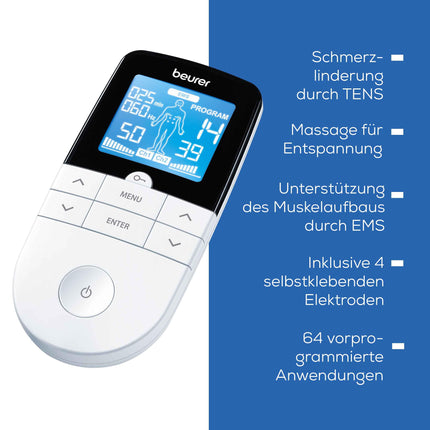 Beurer EM 49 Digital TENS/EMS, 3-in-1 electrical stimulation device for pain relief through electrical nerve stimulation, training through electrical muscle stimulation, massage function, including 4 electrodes