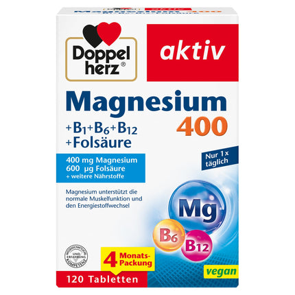 Doppelherz Magnesium 400 + B1 + B6 + B12 + Folic Acid - Magnesium supports normal muscle function and energy metabolism - 120 vegan tablets